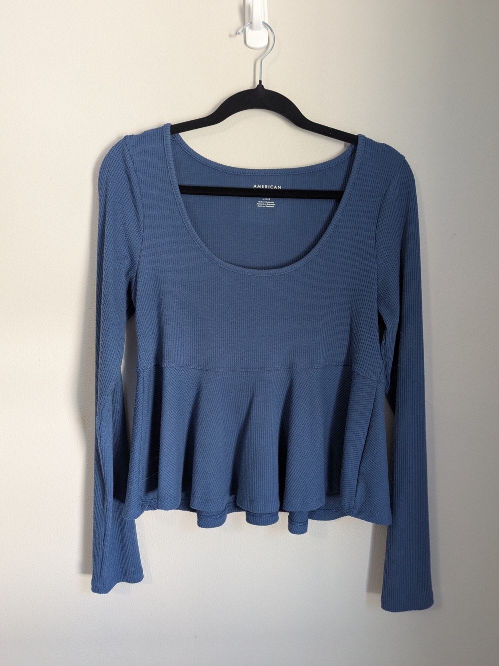 American Eagle Blue Long-Sleeve Scoop Neck Peplum Top Women's L